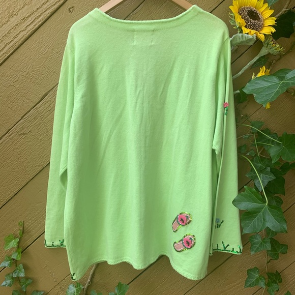 Vintage Quaker Factory long Cardigan 1X green sequence flower butterfly eclectic - Picture 12 of 16